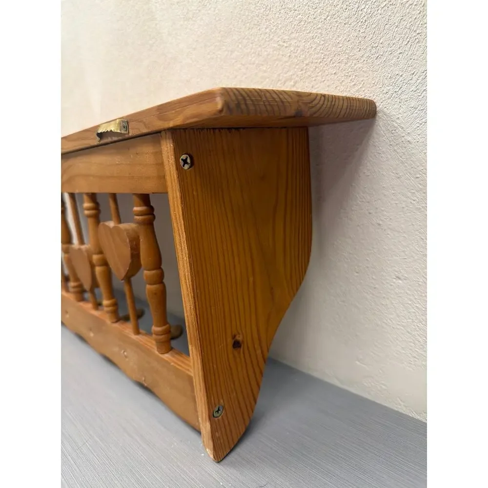 Vtg Wooden Heart Spindle Wall Shelf Five Pegs 23 inch Cottagecore Farmhouse